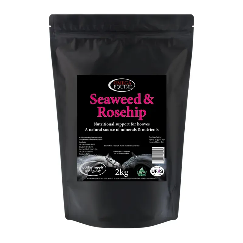 Omega Equine 2kg Seaweed + Rosehips in Black
