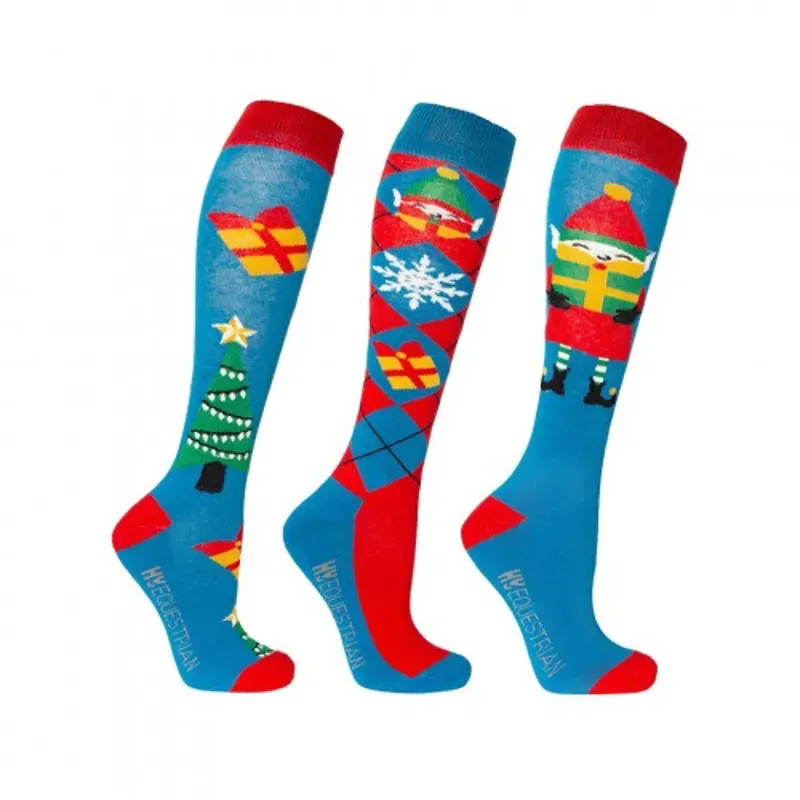 Hy Equestrian Pack of 3 Size 4-8 Jolly Elves Socks in Winter Blue/Festive Red