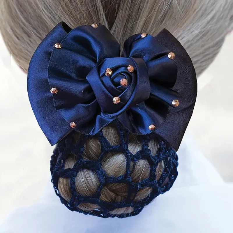 Equetech One Size Dressage Rosette Ribbon Bow and Net in Navy/Rose Gold