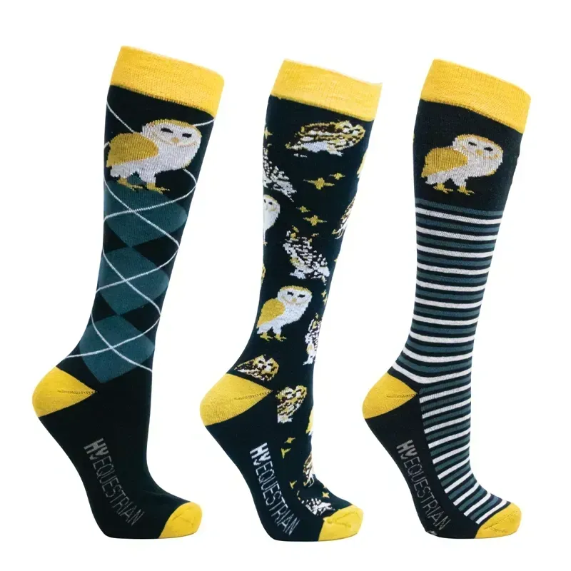 Hy Equestrian 3 Pairs Size 4-8 Night Owl Socks in Navy/Yellow