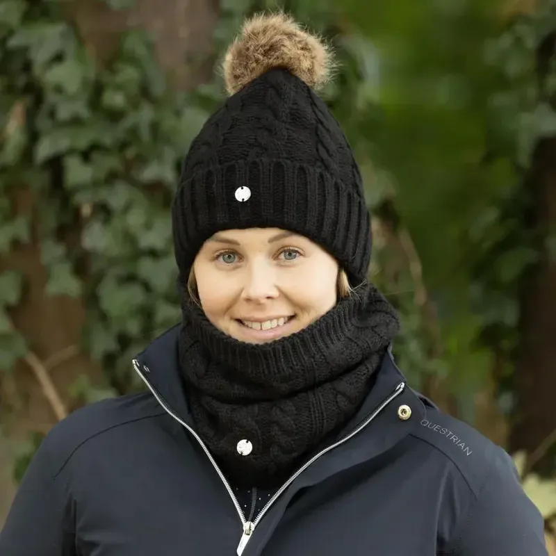 Hy Equestrian Melrose Cable Knit Bobble Hat in Black-1