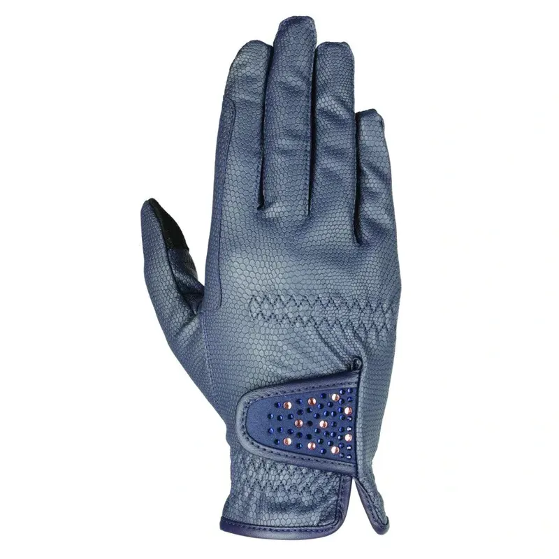 Hy Equestrian Shimmer Riding Gloves in Navy/Rose Gold Diamantes