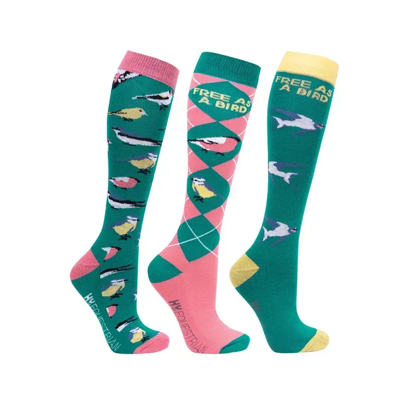 Hy Equestrian 3 Pack Size 4-8 Free As A Bird Socks in Fern/Pink