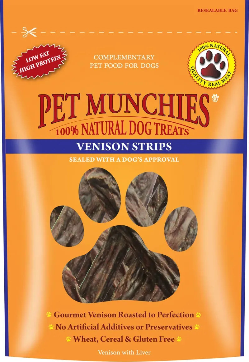 Pet Munchies 75gm x 8 Pack Venison Strips in Yellow 