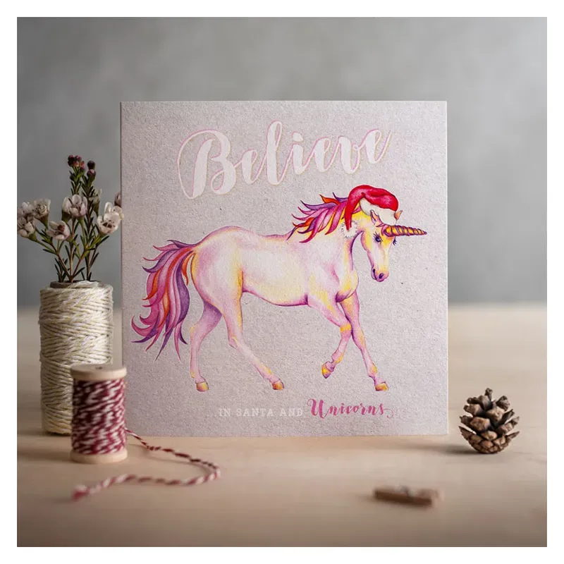 Deckled Edge Christmas Card - Believe in Santa Unicorns