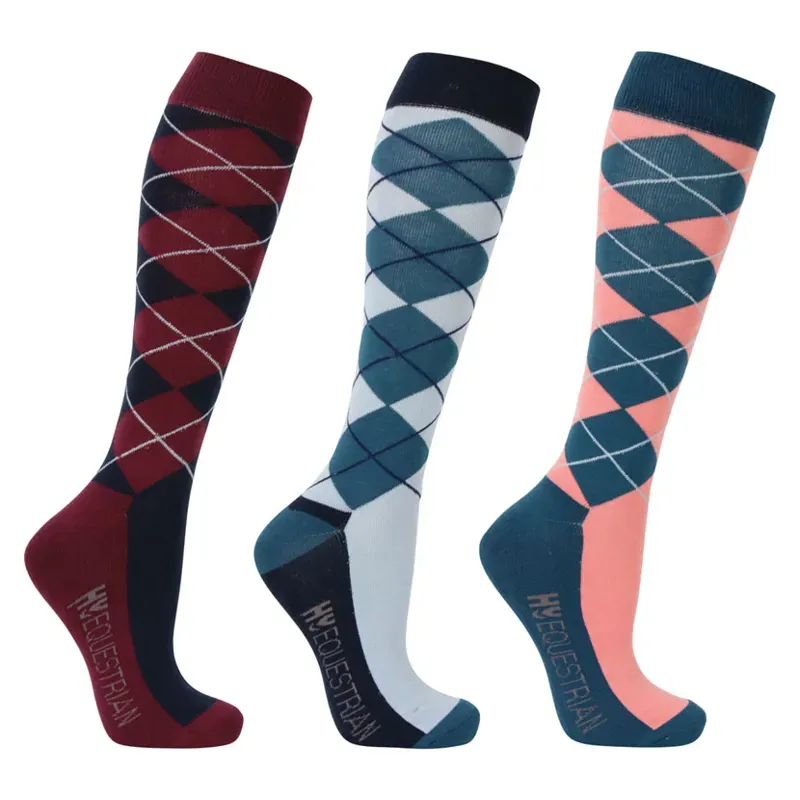 Hy Equestrian 3-Pack Synergy Argyle Socks in Grey/Navy/Blue/Blush/Fig