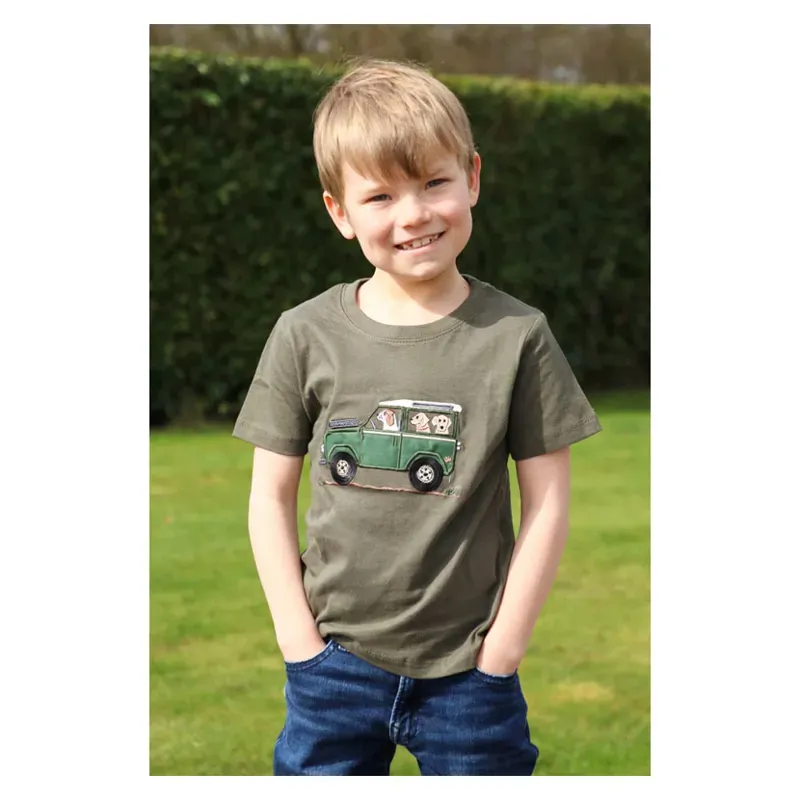 British Country Collection Childs Age 1-2 Offroader and Dogs T-Shirt in Olive