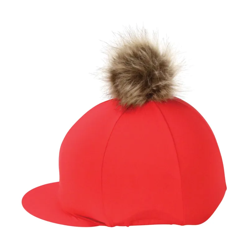 Hy Equestrian Hat Cover With Faux Fur Pom Pom - Red