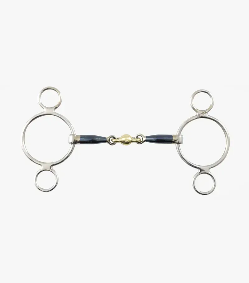 Premier Equine Blue Sweet Iron Two Ring Gag With Brass Alloy Lozenge in Silver